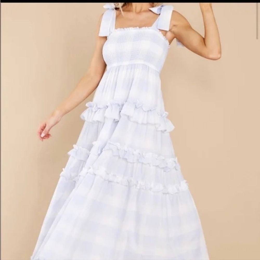 Storia tiered ruffle Maxi Dress with Bow Straps - Light Blue & White